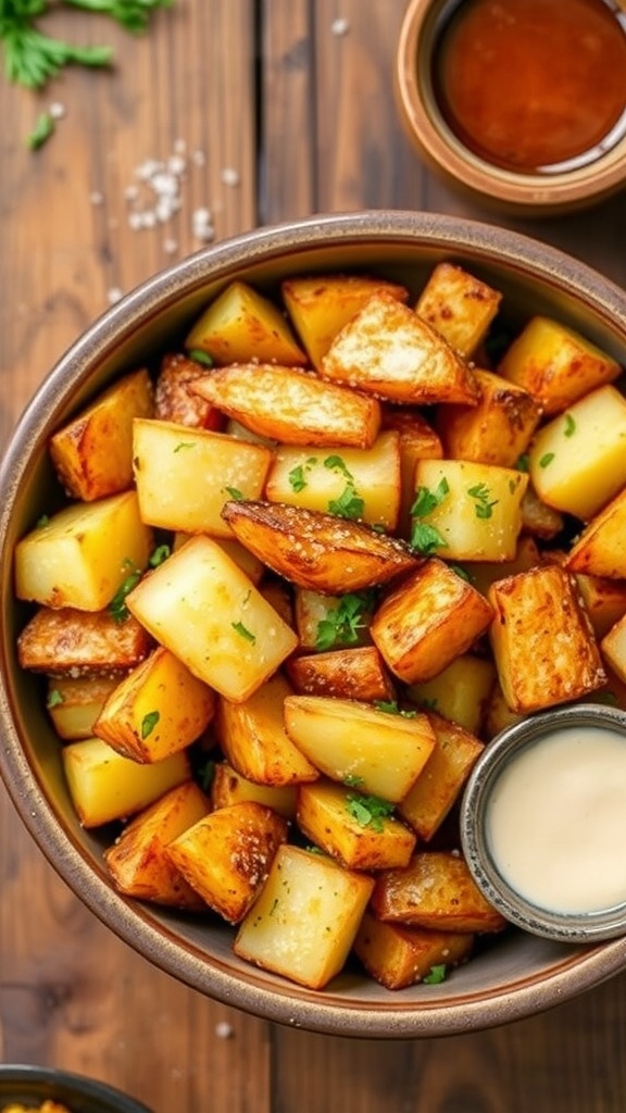 Crispy golden-brown cut potatoes from the air fryer, garnished with herbs, served in a rustic bowl.